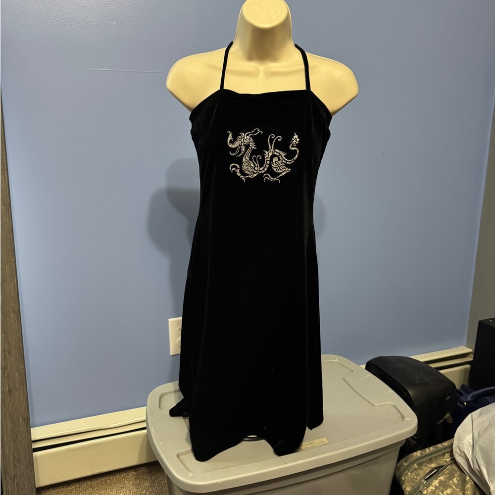 Candy Rocket Black Halter Dress with Dragon Embroidery
